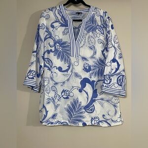 TALBOTS Blue and White Floral Tunic Top, sz L